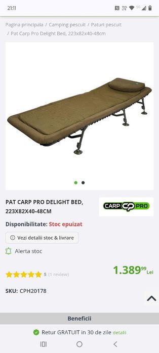 Pat Carp Pro Delight Bed, 223x82x40-48cm