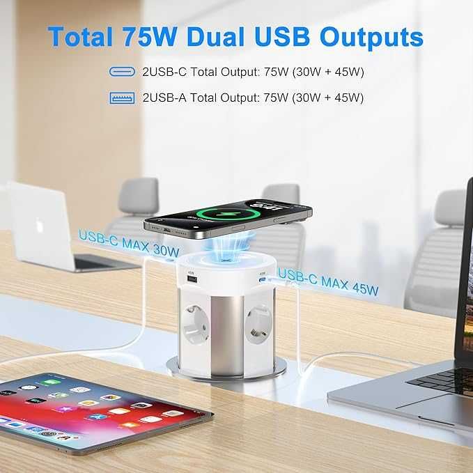 Priză de masă retractabilă 9 în 1 cu USB C PD75W, prelungitor cu 4 prize și încărcare wireless de 15 W