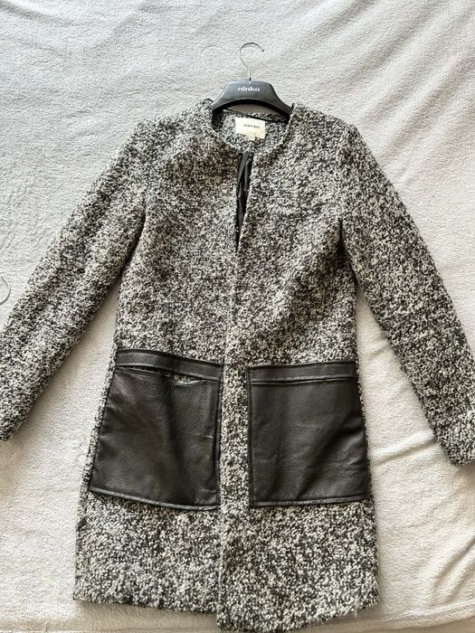 дамско палто Koton S сиво черно с кожени джобове