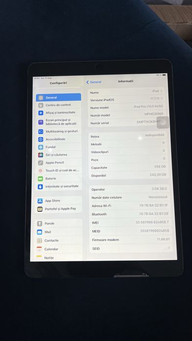 Ipad pro 10.5 2017  A1709 256 gb cu slot sim pentru piese, display defect restetata fara nici un cont