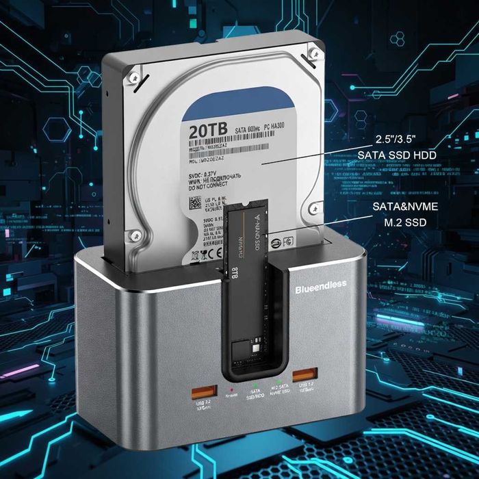 Док-станция "Blueendless" для NVMe/2.5/3.5/SSD/HDD алюминиевый корпус