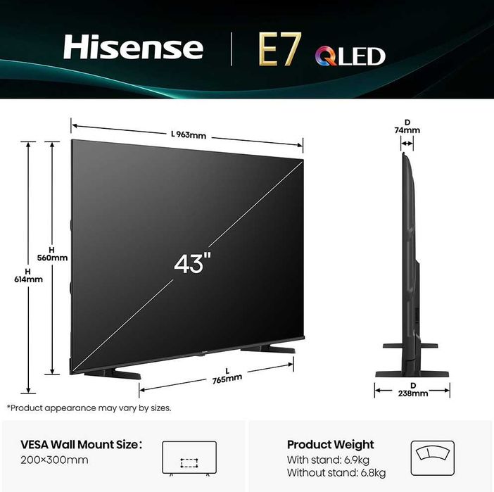 Televizor Hisense 43E7Q, 43 inch, 4K UHD QLED, Smart TV