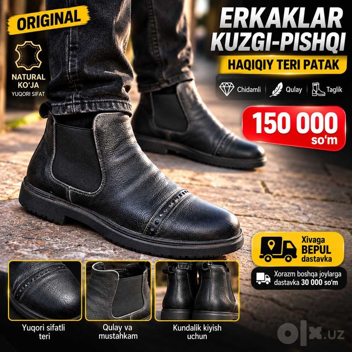 Erkaklar qora charm kuzgi-qishki botinkasi