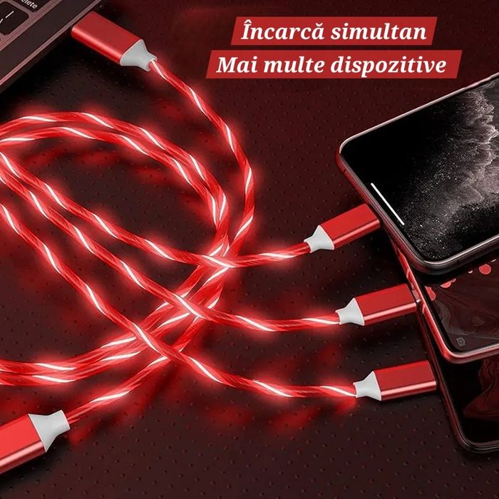 Cablu încărcare 3in1 Luminos. UsbC/IOS/Micro. Efect Valuri. Auto/Casă.