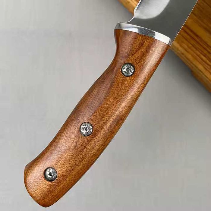 Cutit Outdoor, otel inoxidabil, maner lemn de tranadafir, teaca piele