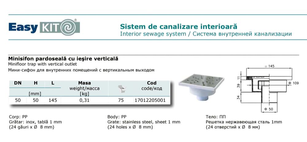 Sifon Pardoseală ValRom EasyKIT - Ieșire Verticală | NOU