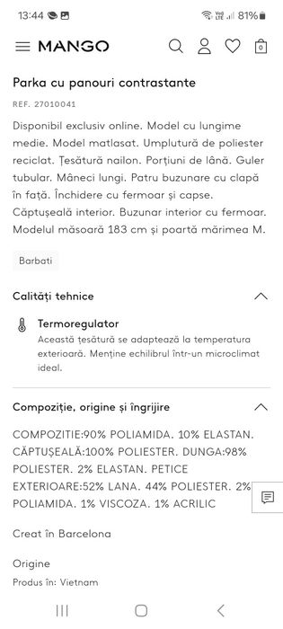 Parka/ geaca barbati M,L Mango