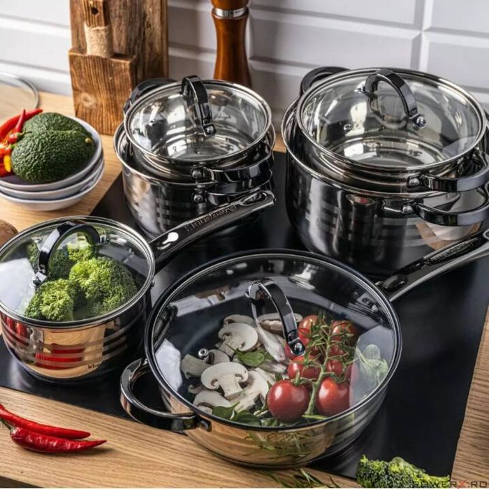 Set 6 oale, inox, cu capac, manere negre,16/18/20/24/16/24cm,