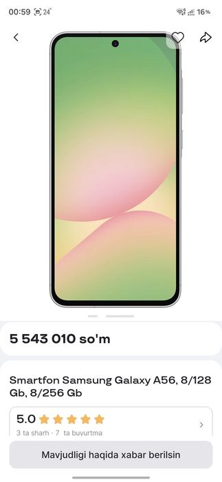 Samsung a56 256gb 1.5 oy boʻldi