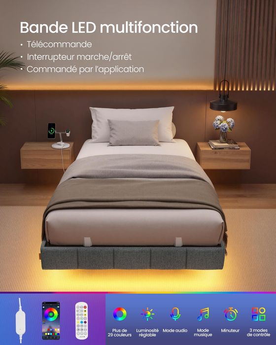 !ЛИКВИДАЦИЯ! Легло 90 x 200 см с LED осветление, плаващ ефект, тапицирани страници, 2 AC контакта, 2 USB-A и 1 US