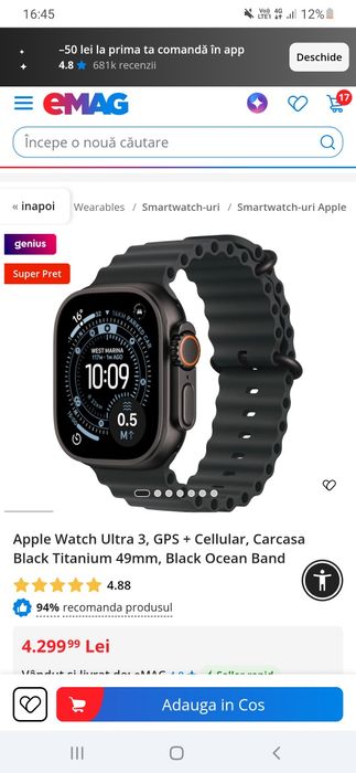 Vând Apple Watch Ultra 3+