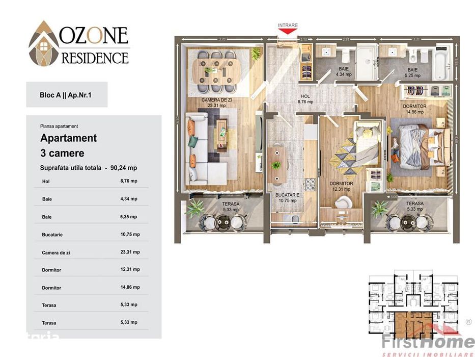 Apartament 3 camere, 90mp utili, de vanzare in complex Ozone City