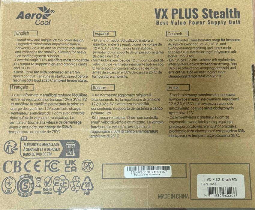 Блок питания AeroCool VX Plus Stealth 600W для компьютера