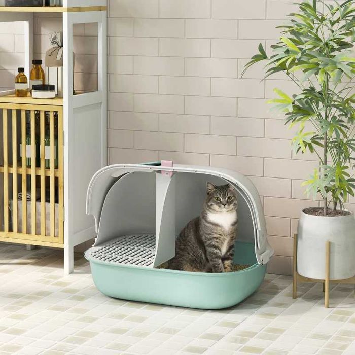 Котешка тоалетна PawHut с капак и лъжичка, покрита тоалетна с PP врата, 58x46x39 сm