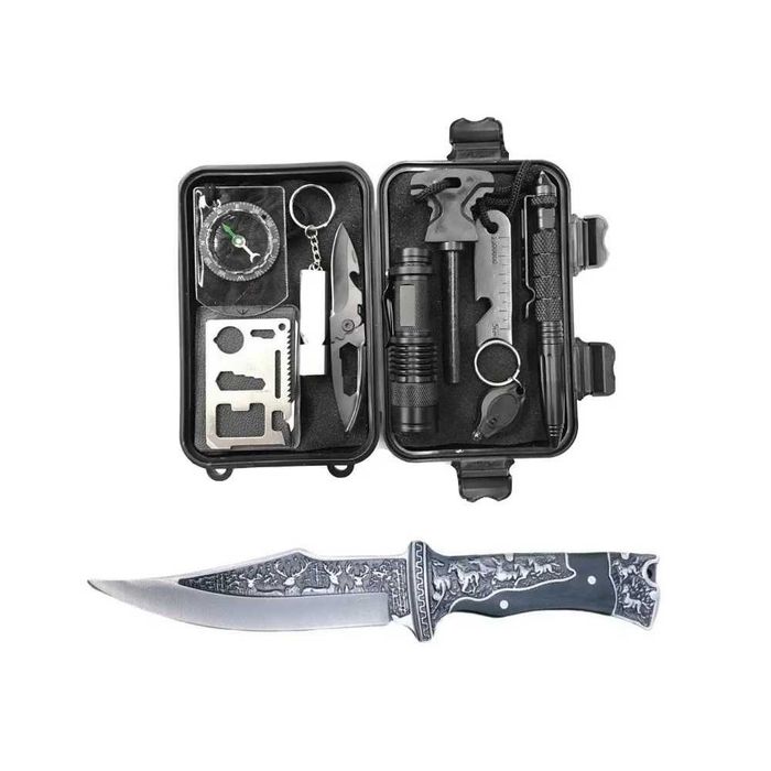 Kit supravietuire 14 piese, cutit Deer 27 cm, lanterna LED, busola, amnar, bratara paracord, camping, drumetii, outdoor, negru