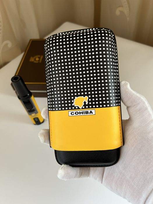Cohiba комплект за пури – кожен калъф за 3 пури + запалка