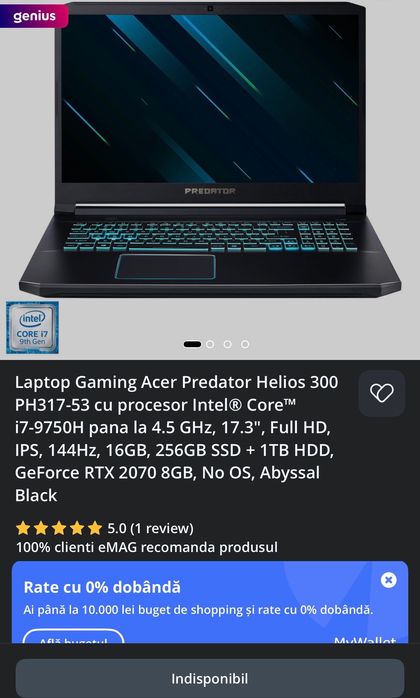 Laptop Acer Predator Helios 300 – RTX 2070 8 GB/i7-9750H /32GB RAM