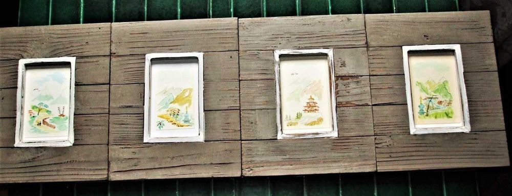 Set 2 mini-acuarele cu peisaje din Tibet în rame din lemn patinate gri