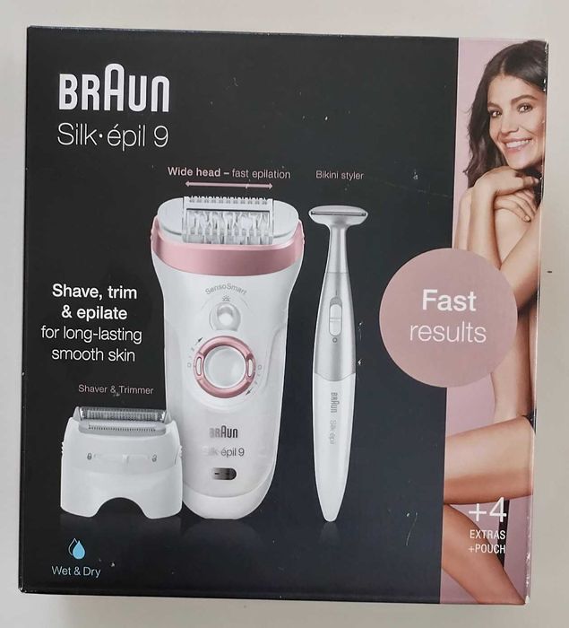 Epilator Braun Silk-Epil 9, alb/auriu roz, cu accesorii, pentru femei