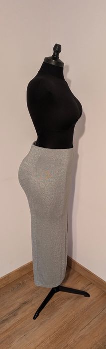 Fustă midi glitter argintiu | Elegantă | Slit frontal | Party