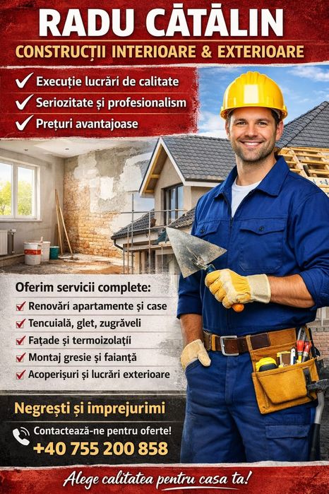 Firma de construcții execut lucrări interioare și exterioare