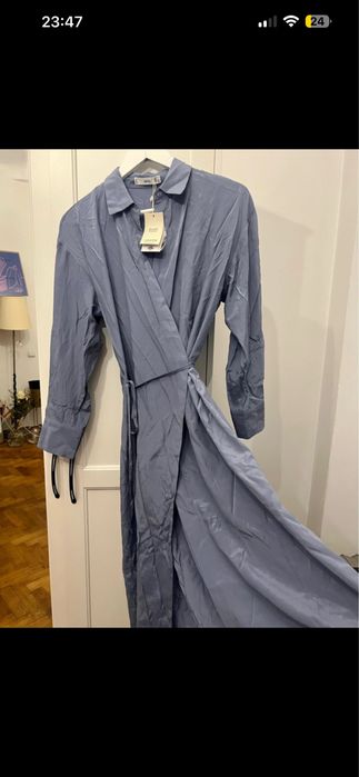 Rochie MANGO albastru regal S-M tip cămașă lungă cu mâneci