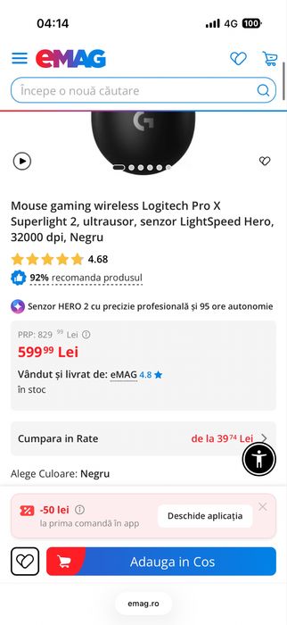 Mouse gaming wireless Logitech Pro X Superlight 2, ultrausor, senzor LightSpeed Hero, 32000 dpi, Negru