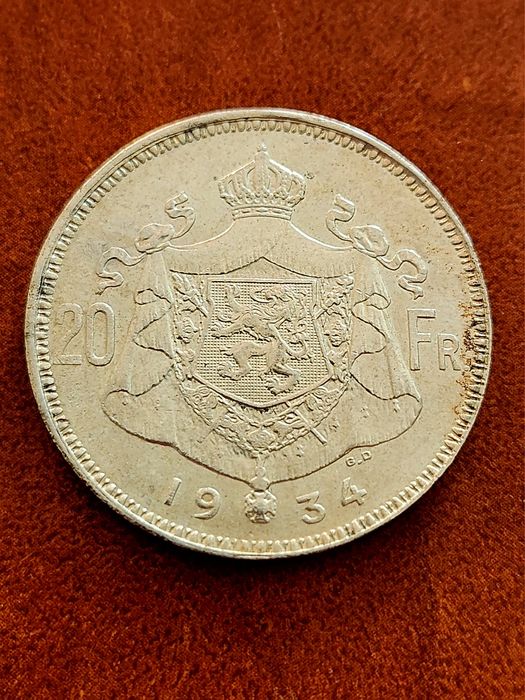 20 Franci 1934 Belgia/ Albert  Argint XF