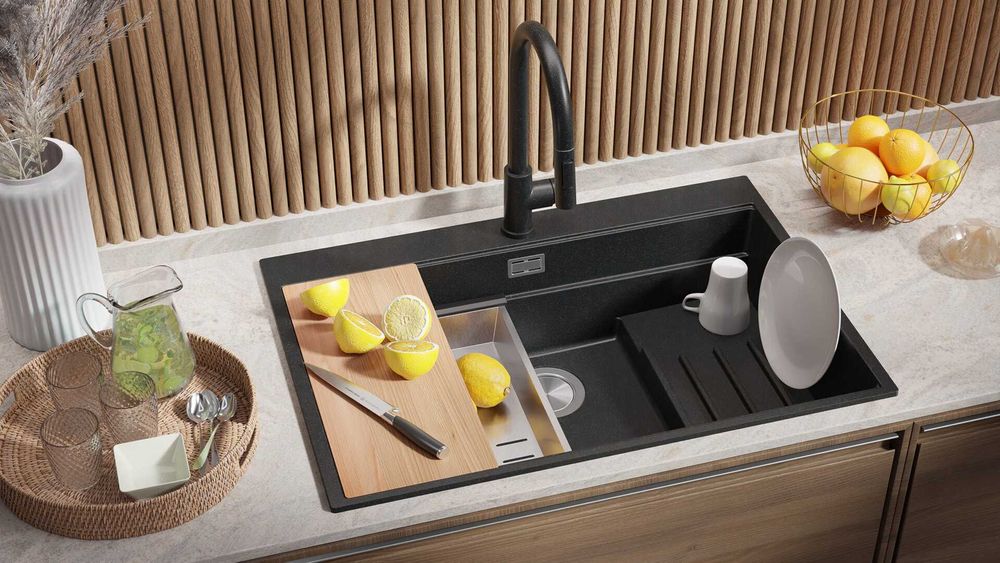 Черна кухненска мивка от гранит Осло 80 Max Multilevel 780 x 530 mm