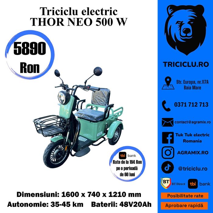 Triciclu electric - model THOR NEO, culori- rosu/verde/visiniu