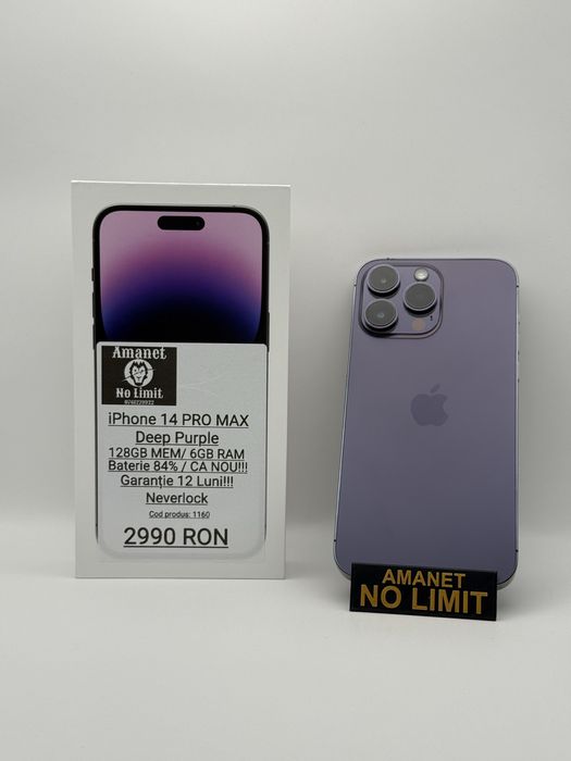 iPhone 14 Pro Max 128GB Purple CA NOU Baterie 84% Garantie 1An.