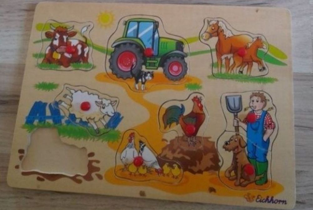 set 2 puzzle Montessori lemn copii animale ferma stampile