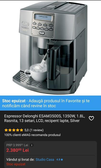 Espressor Delonghi ESAM3500S, 1350W, 1.8L, Rasnita, 13 setari, LCD,