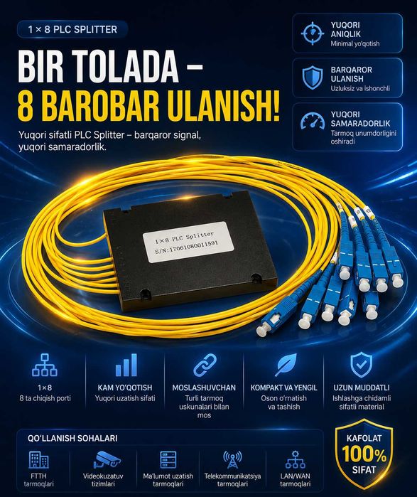 Оптический сплиттер PLC 1х8, SM, 2.0mm, 1.5M, корпус, SC/UPC