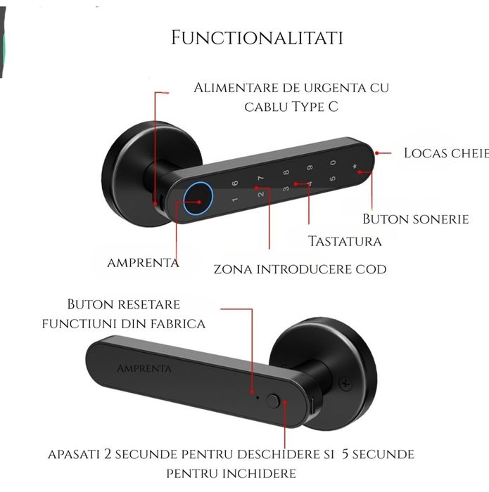 Maner smart cu amprenta, cod PIN, bluetooth și cheie, universal