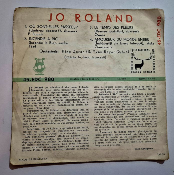 Disc vinil Electrecord – Jo Roland, single, made in Rumania
