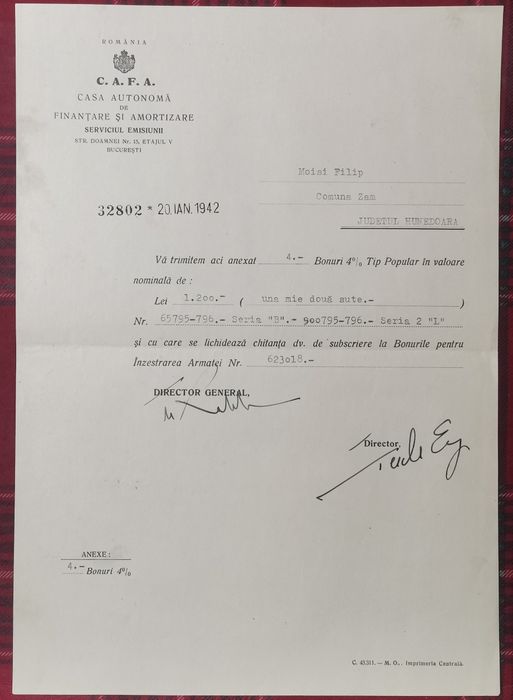 Bon pentru înzestrarea armatei din 1942