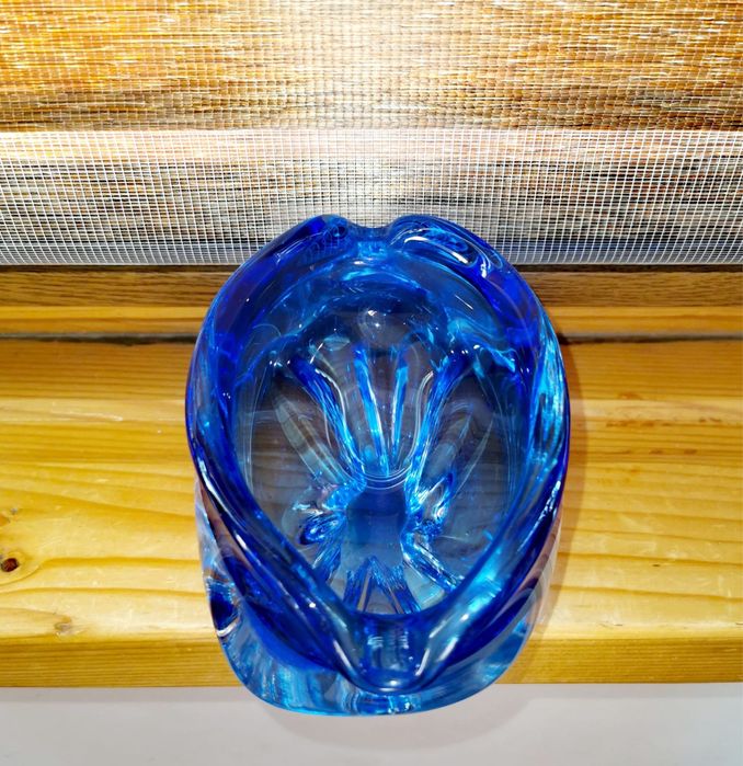 Антикварна Мурано кристална купа пепелник кобалтово синя ръчно правена