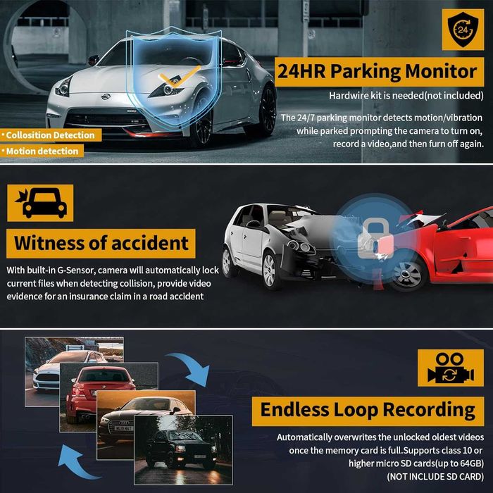 Висококачествена даш камера Yansoo Dash cam 3 канална, 2 камери