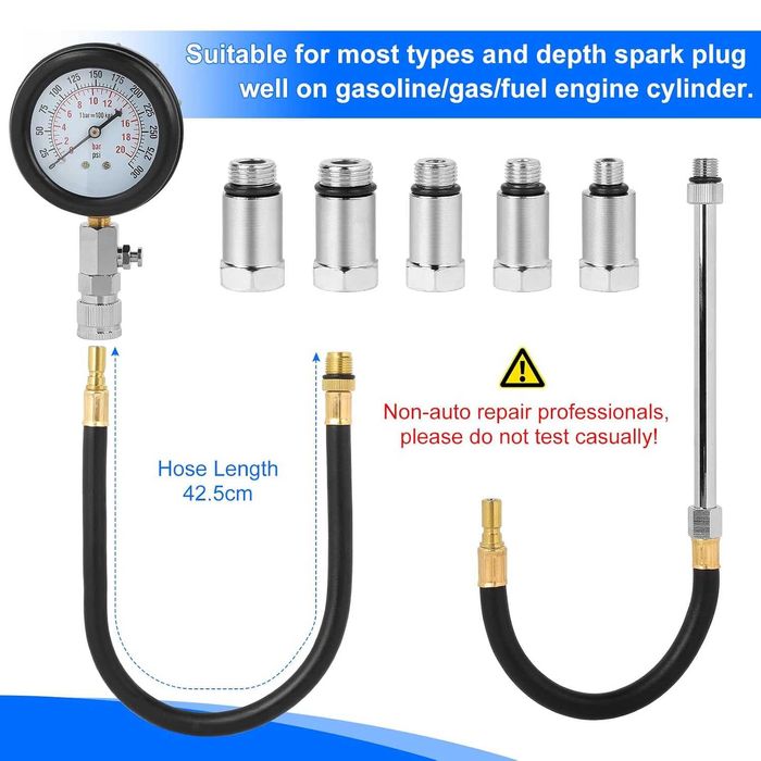 Тестер за компресия бензинови двигатели 0–300 PSI, комплект 11 ч.