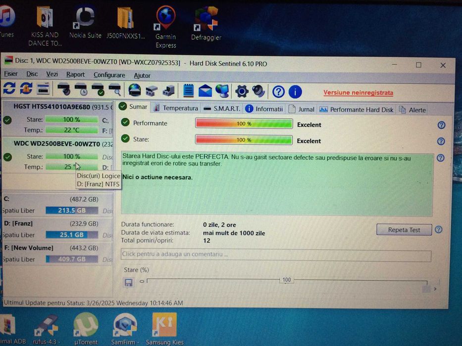 Hard disk ide laptop WD Scorpio de 250 gb cu 2 ore de functionare.