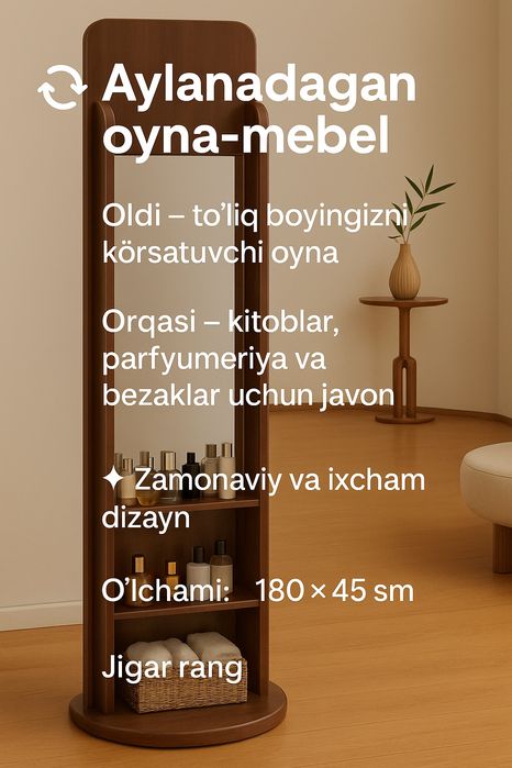 Aylanuvchi oyna va parfumeriya polkasi bilan