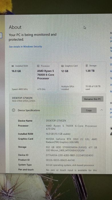 PC Gaming ASUS ROG + Monitor 27”-Ryzen 5 7600X/RTX 3060