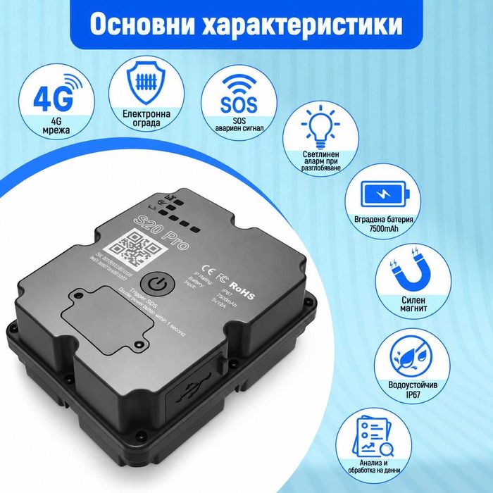 4G GPS тракер S20 Pro – 7500mAh за 30+ дни, включена предплатена СИМ за Европа и Турция, силен магнит