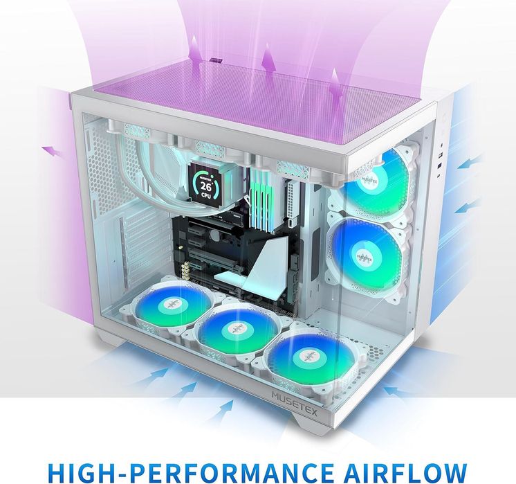 Carcasa PC Gaming MUSETEX Y6 alba, ATX, sticla 270°, 6 ventilatoare ARGB