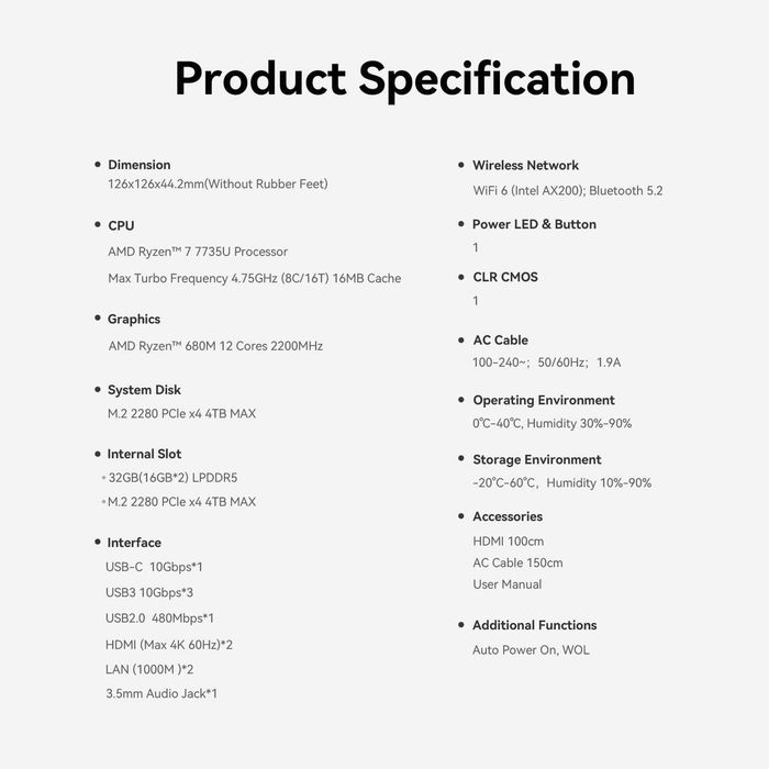 Mini PC Мини Пк Beelink EQR7 AMD Ryzen 7 7735U 32GB LDDR5 / 1TB SSD