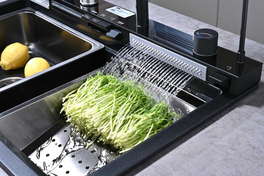 Черна гранитна мултифункционална кухненска мивка с двоен водопад