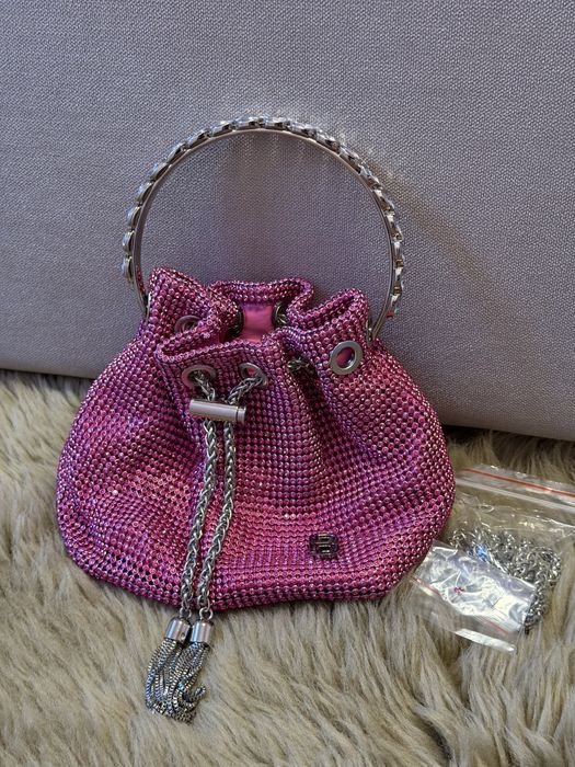 Малка чанта с камъни, розова, тип pouch