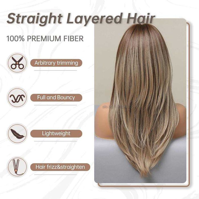 Тъмно руса перука с фини светли кичури и дълъг бретон