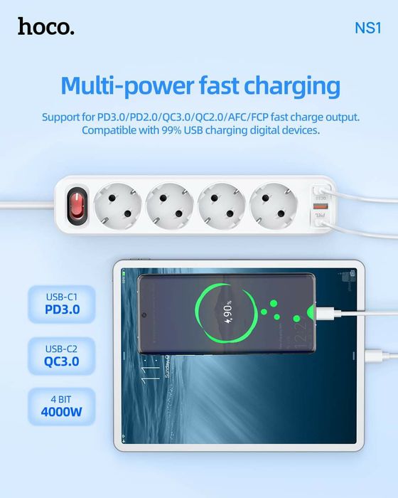 Hoco NS1 Сетевой фильтр PD 20W+QC 3.0 Type-C / USB Output 2+18W